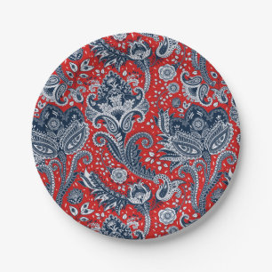 Assiettes En Carton Rouge Blanc & Bleu Floral Paisley Bohème Boho