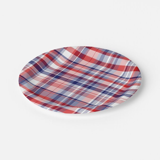 Assiettes En Carton Rouge, Blanc, Bleu Preppy Madras Plaid (Angle)