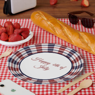 Assiettes En Carton Rouge blanc et bleu cercle carreaux personnalisé