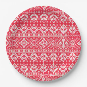 Assiettes En Carton Rouge & Blanc Flocon de neige & Floral Fair Isle N