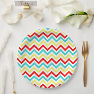 Assiettes En Carton Rouge Blanc jaune bleu Chevron Anniversaire de enf