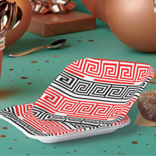Assiettes En Carton Rouge Blanc noir Clé grecque Fret Motif Design
