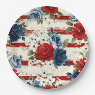 Assiettes En Carton Rouge Bleu Blanc Floral Patriotique (2)