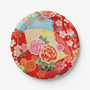 Assiettes En Carton Rouge bleu jaune japonais Kimono fleurs florales