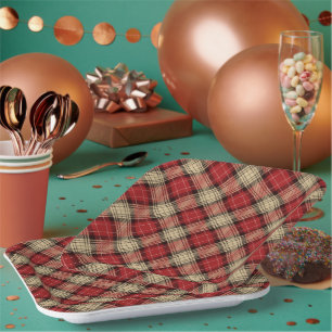 Assiettes En Carton Rouge Brûlé Beige Moderne Tartan de Noël Écossais