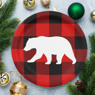 Assiettes En Carton Rouge Buffalo Plaid & Ours Blanc