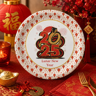 Assiettes En Carton Rouge chinois Or Joyeuse Année Lunaire du Serpent
