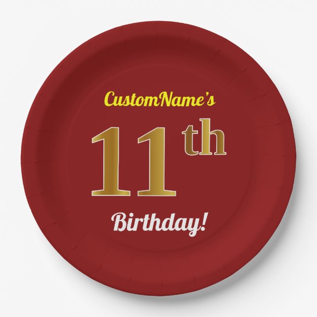 Assiettes En Carton Rouge, Faux Gold 11e anniversaire + Nom personnali (Devant)