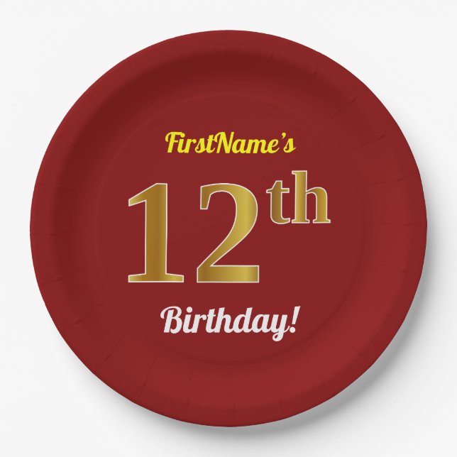 Assiettes En Carton Rouge, Faux Gold 12e anniversaire + Nom personnali (Devant)