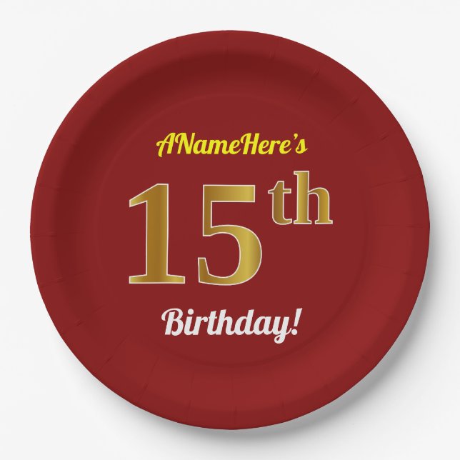 Assiettes En Carton Rouge, Faux Gold 15e anniversaire + Nom personnali (Devant)