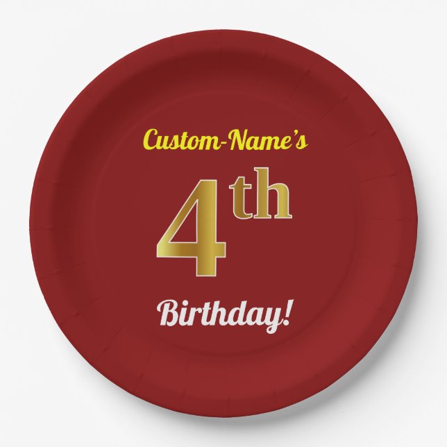 Assiettes En Carton Rouge, Faux Gold 4e anniversaire + Nom personnalis (Devant)