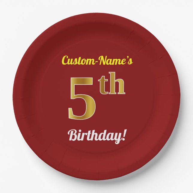Assiettes En Carton Rouge, Faux Gold 5e anniversaire + Nom personnalis (Devant)