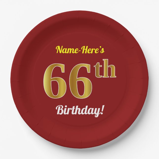 Assiettes En Carton Rouge, Faux Gold 66e anniversaire + Nom personnali (Devant)