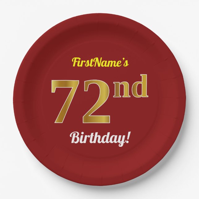 Assiettes En Carton Rouge, Faux Gold 72e anniversaire + Nom personnali (Devant)