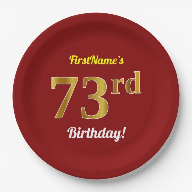 Assiettes En Carton Rouge, Faux Gold 73e anniversaire + Nom personnali (Devant)
