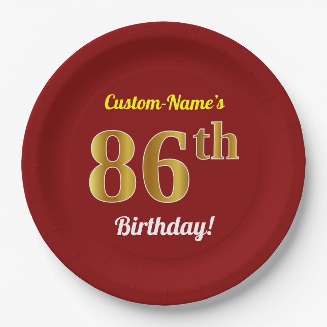 Assiettes En Carton Rouge, Faux Gold 86e anniversaire + Nom personnali (Devant)