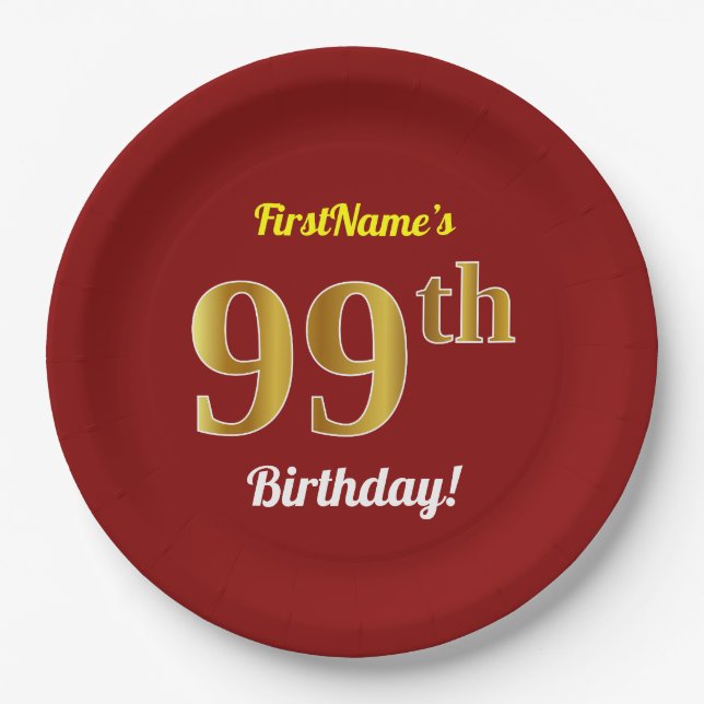 Assiettes En Carton Rouge, Faux Gold 99e anniversaire + Nom personnali (Devant)