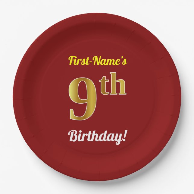 Assiettes En Carton Rouge, Faux Gold 9e anniversaire + Nom personnalis (Devant)
