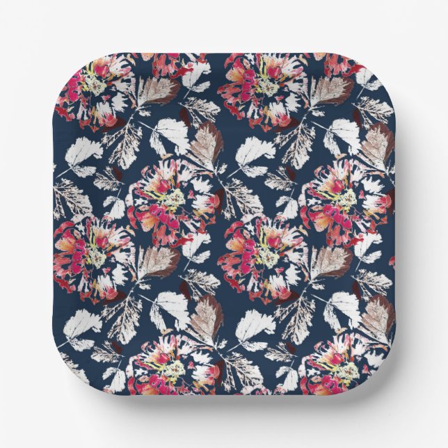 Assiettes En Carton Rouge, fleurs blanches sur bleu. (Recto)