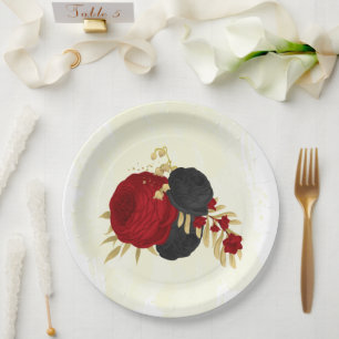Assiettes En Carton rouge foncé et fleurs noires or