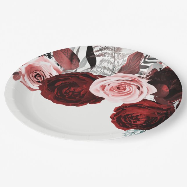 Assiettes En Carton Rouge foncé et rose Floral Vert Mariage blanc (Angle)