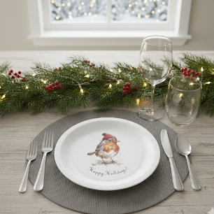 Assiettes En Carton Rouge-gorge de Noël classique, personnalisé