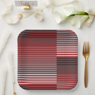 Assiettes En Carton Rouge, Gris, Noir, Rayures Blanches