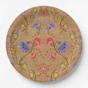 Assiettes En Carton Rouge Impérial & Or Broderie Florale en Soie
