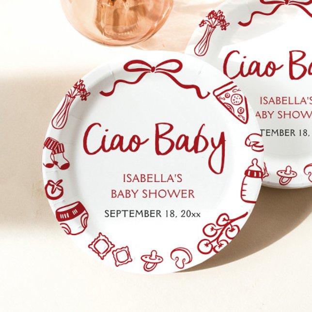 Assiettes En Carton Rouge Italien Main Tirée Pizza Ciao Baby shower bé (Red Italian Hand Drawn Pizza Ciao Baby Baby Shower Paper Plates)