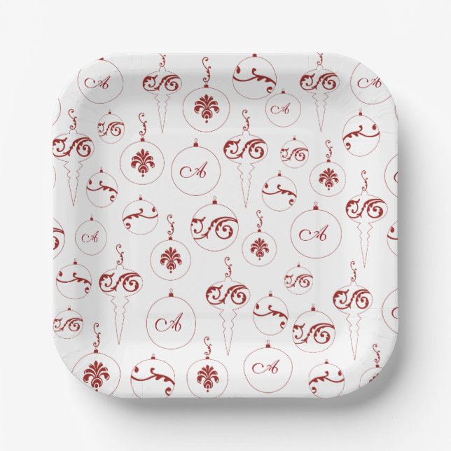 Assiettes En Carton Rouge Monogramme Bauble Ornements Motif Noël (Recto)