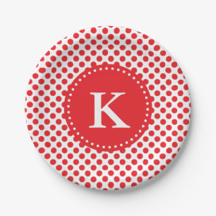 Assiettes En Carton Rouge monogramme sur point Polka blanc