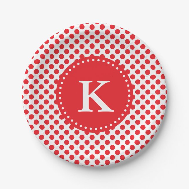 Assiettes En Carton Rouge monogramme sur point Polka blanc (Devant)