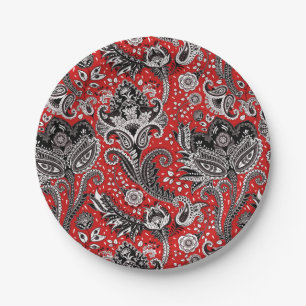 Assiettes En Carton Rouge Noir & Blanc Floral Paisley Bohème Boho