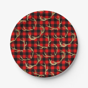 Assiettes En Carton Rouge & Noir Buffle à carreaux & Bois de cerf doré