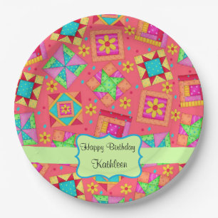 Assiettes En Carton Rouge Patchwork Quilt Nom du bloc Joyeux anniversa