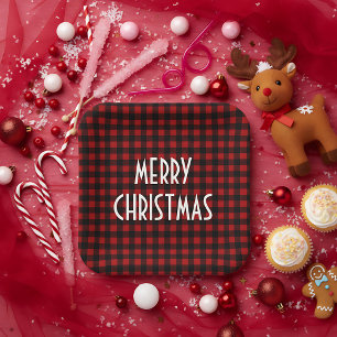 Assiettes En Carton Rouge rustique et noir Buffalo plaqué Joyeux Noël