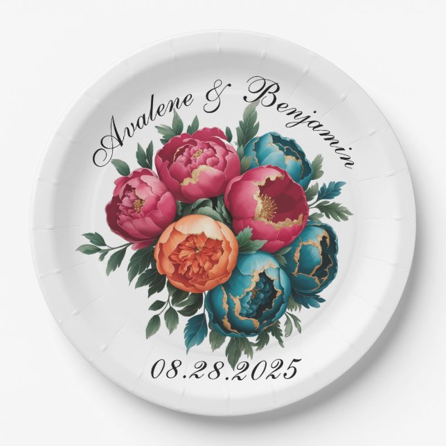 Assiettes En Carton Rouge Turquoise Orange Peony Blooms Gold Trier Mar (Devant)