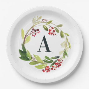 Assiettes En Carton Rouge + vert aquarelle feuillage initial Noël