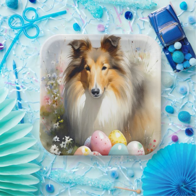 Assiettes En Carton Rough Collie Chien avec Oeufs de Pâques Fête (Fête)