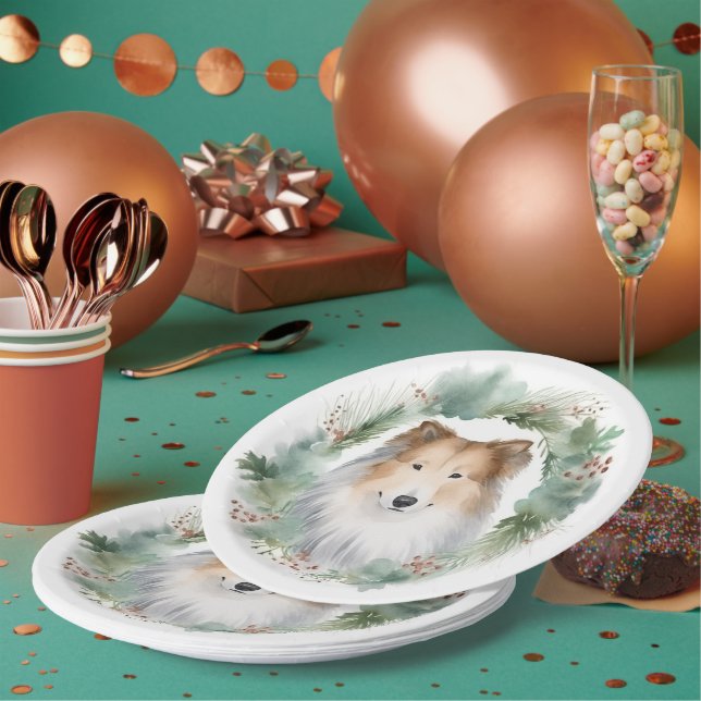 Assiettes En Carton Rough Collie Christmas Wreath Festive Pup (Multi)