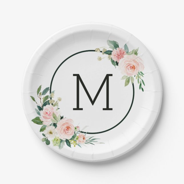 Assiettes En Carton Rougissent le monogramme rose de fleur d'aquarelle (Devant)