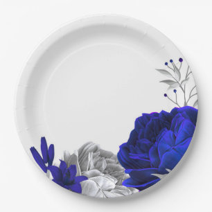 Assiettes En Carton royal bleu & argent fleurs botaniques