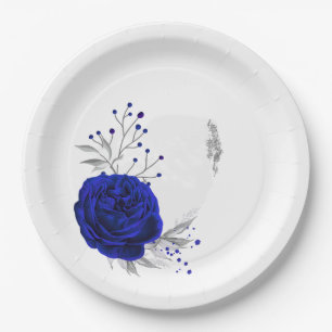 Assiettes En Carton royal bleu & argent fleurs botaniques