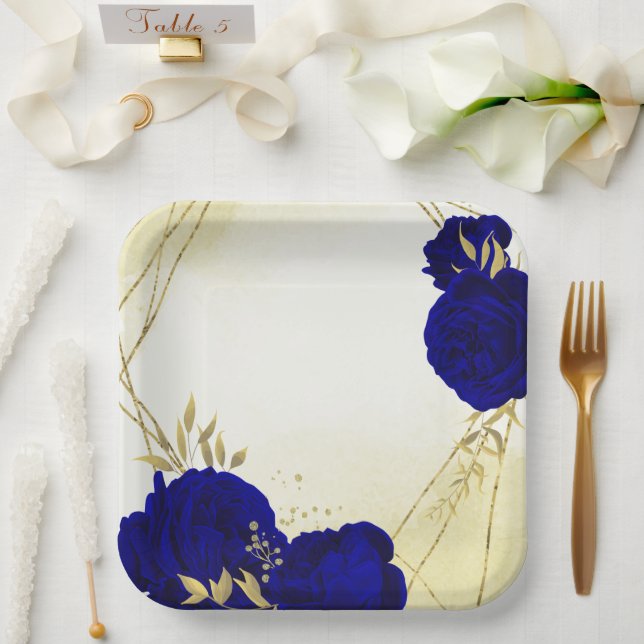 Assiettes En Carton Royal bleu fleurs or feuille mariage (Mariage)