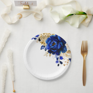 Assiettes En Carton Royal Bleu Jaune Or Mariage métallique Floral