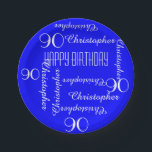 Assiettes En Carton Royal Blue 90th Birthday Party Liste des noms<br><div class="desc">CHOISISSEZ VOTRE COULEUR et créez votre propre plaque de papier élégante et personnalisée pour une fête du 90e anniversaire ou toute autre occasion. Le nom et l'âge se répètent en blanc. Ce style est par défaut un arrière - plan bleu vif, mais vous pouvez cliquer sur CUSTOMISER pour sélectionner facilement...</div>