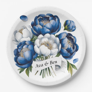 Assiettes En Carton Royal Blue and Silver Glittery Peony Mariage