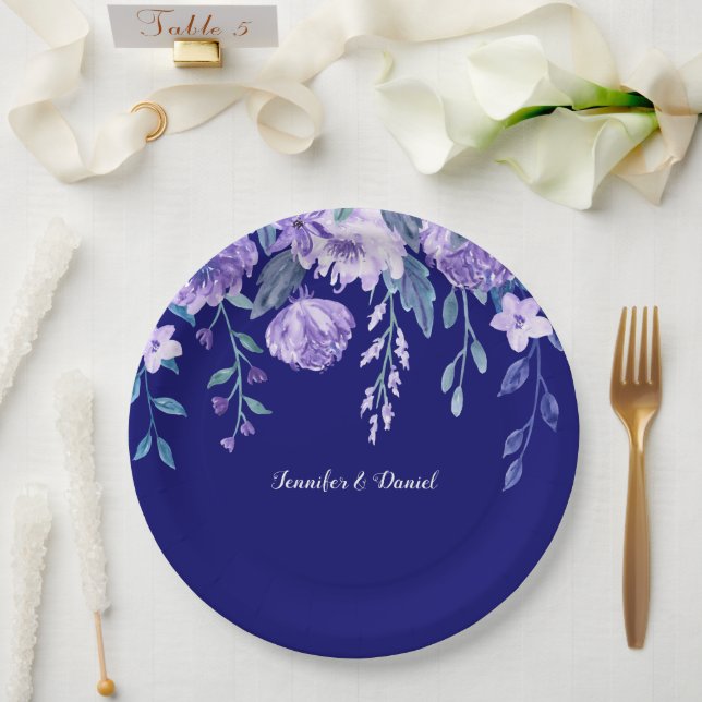 Assiettes En Carton Royal Blue aquarelle fleurs Plaques de papier (Mariage)