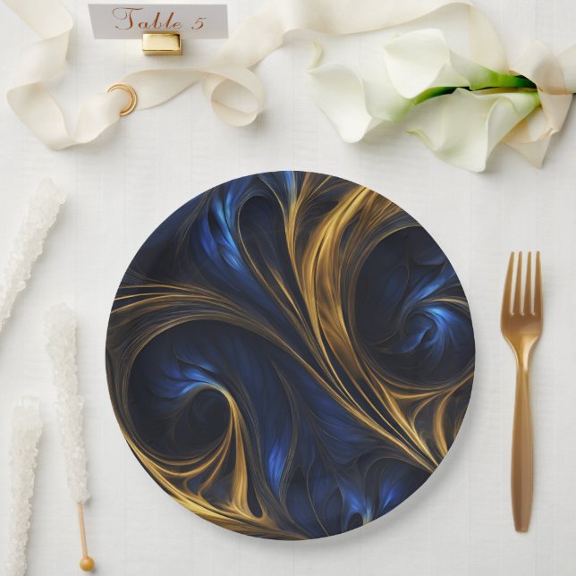 Assiettes En Carton Royal Blue Gold Abstrait Swirl (Mariage)