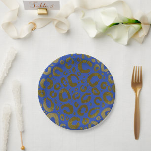 Assiettes En Carton Royal Blue & Gold Glamour Imprimé Léopard Soirée